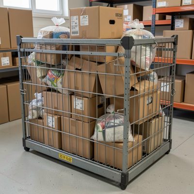 a cage of returned goods awaiting sorting