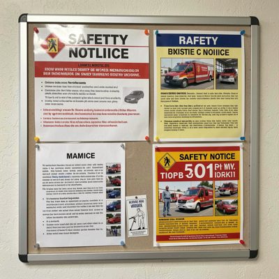 a safety notice board with laminated sheets