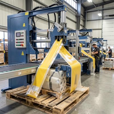 a strapping machine banding a pallet