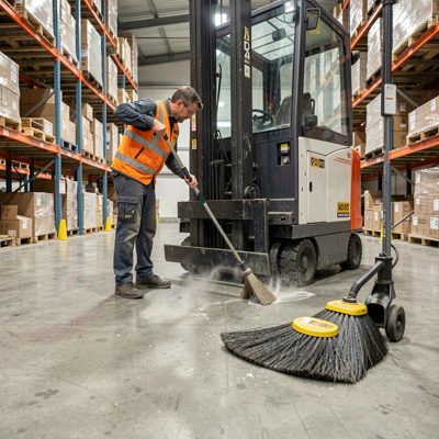 a warehouse floor being swept by a machine