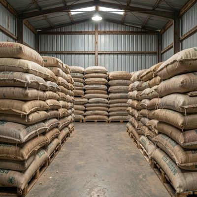 a bulk storage area with sacks stacked