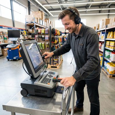 a picker with a headset and trolley