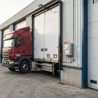 a warehouse door seal with a lorry backed up
