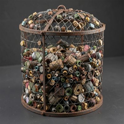 a mesh cage of small parts