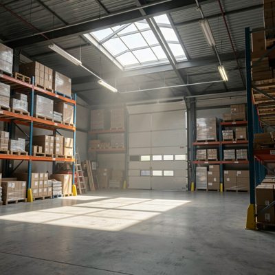 a warehouse skylight casting light on the floor