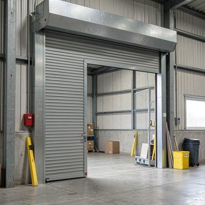 an industrial roller door part way open