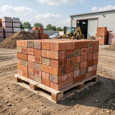 a pallet of bricks in a builders yard