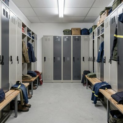 a workwear locker room with benches