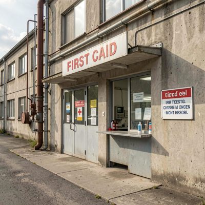 a first aid station on a factory wall