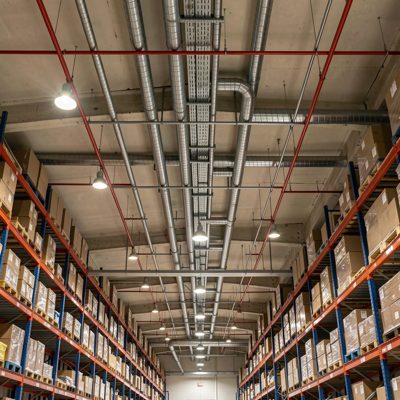 a warehouse ceiling with sprinkler pipework