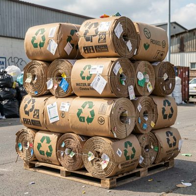 a stack of cardboard bales for recycling
