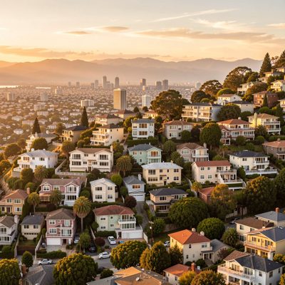 a hillside of houses above a sprawling city at golden hour