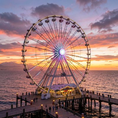 a pier ferris wheel lit against a pacific sunset