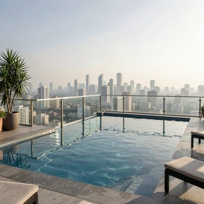a rooftop pool overlooking a hazy city skyline