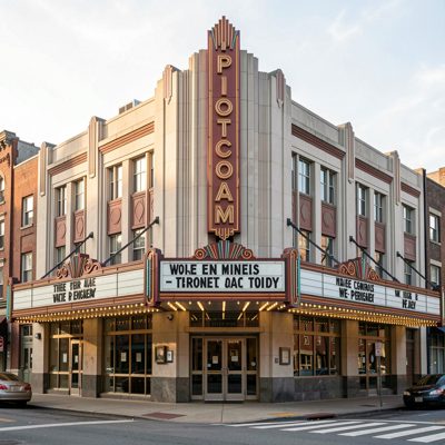 an art deco cinema facade with a tall vertical sign