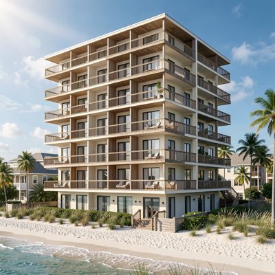 a beachfront apartment block with stacked balconies