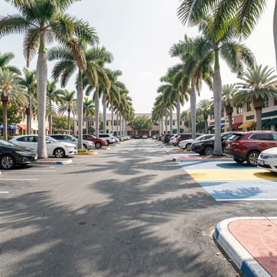 a car park with palm trees and painted bays