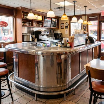 a diner with a curved chrome counter