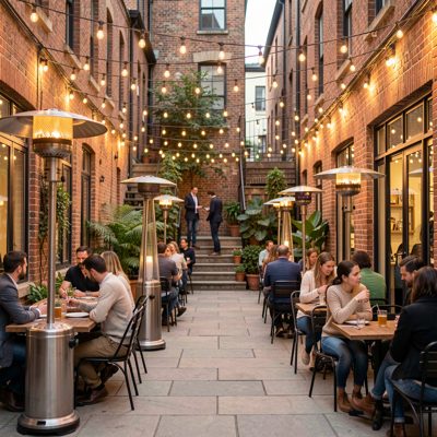 an outdoor cafe with string lights and patio heaters