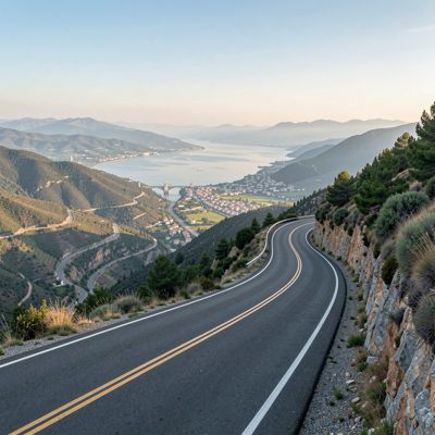 a hillside road with a view over the basin