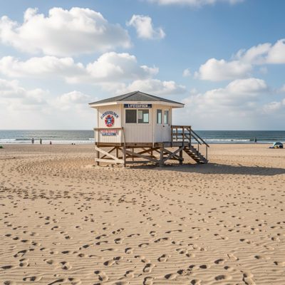a lifeguard hut on a wide sandy beach