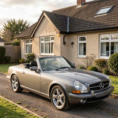 a convertible parked outside a bungalow