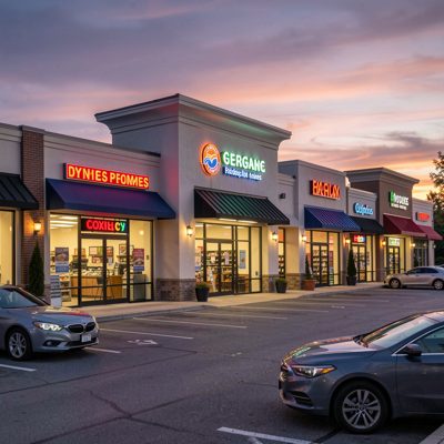 a strip mall at dusk with lit signage