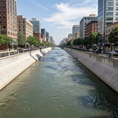 a concrete river channel running through a city