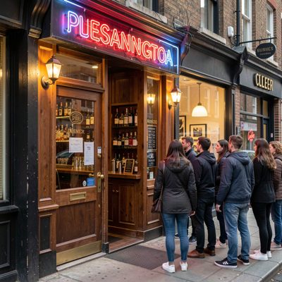 a bar entrance with a neon sign and a queue outside