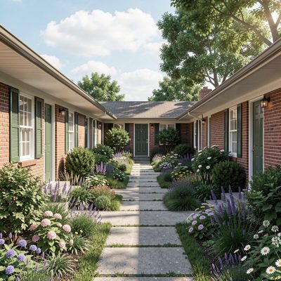 a bungalow court with a shared garden path
