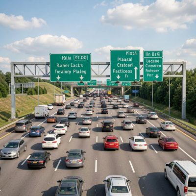 a highway sign gantry over eight lanes of traffic