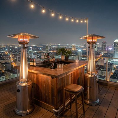 a rooftop bar with heaters and city lights below
