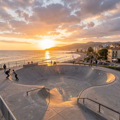 a skate park in a coastal town at sunset