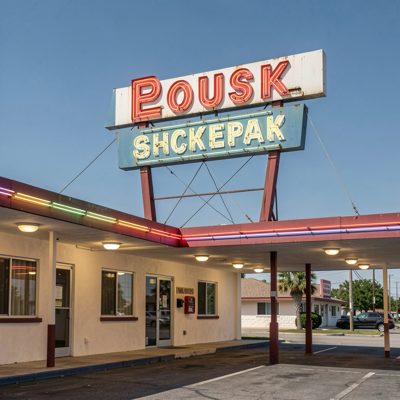 a vintage neon sign on a motel roof