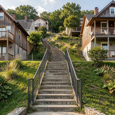 a hillside staircase running between houses