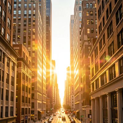 low sun flaring between downtown towers