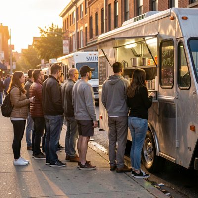 a queue at a street food truck on a warm evening