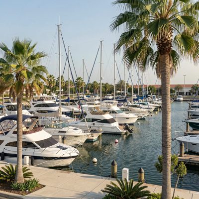 a marina with white boats and palm trees