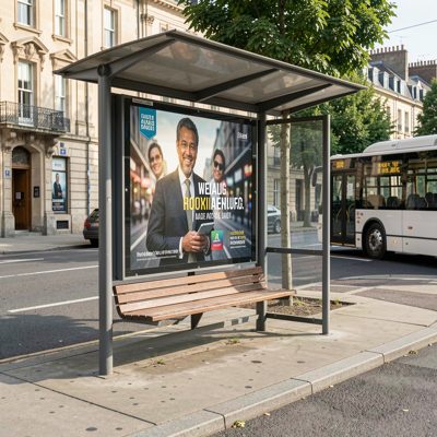a bus stop bench with an advertising panel