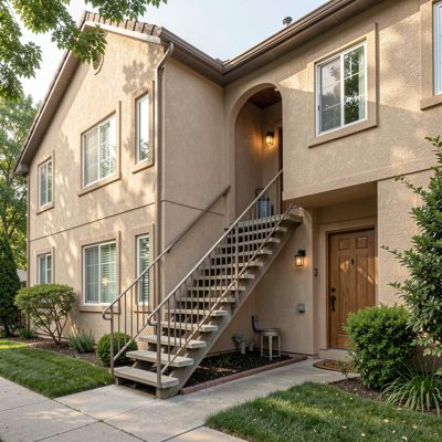 a stucco apartment with an exterior staircase