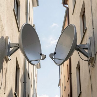 a pair of parabolic wifi dishes on opposite buildings pointing at one another