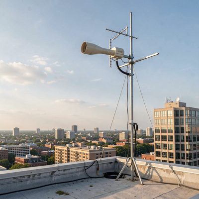 a rooftop mast with a directional antenna aligned on a distant building