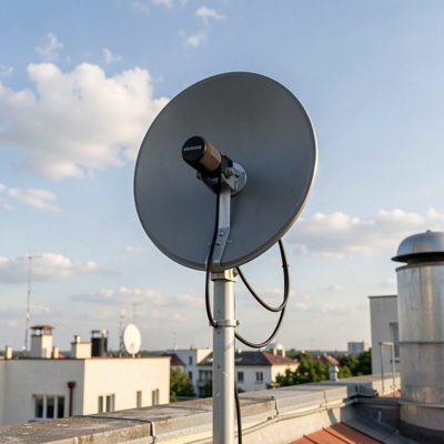 a point to point radio dish mounted on a rooftop pole