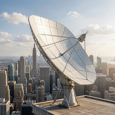 a grid parabolic antenna aimed across a city skyline