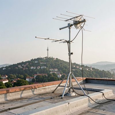 a rooftop antenna aimed at a tower on a distant hill