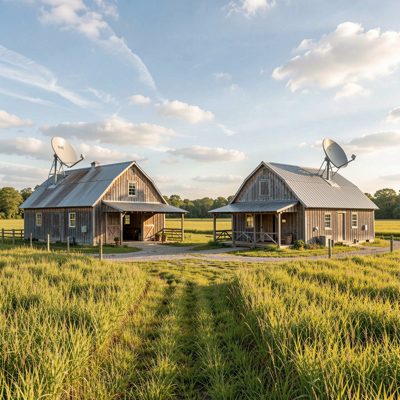 two farm buildings with wireless dishes facing each other across fields