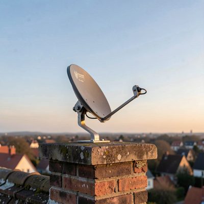 a small dish antenna on a chimney bracket aimed at the horizon
