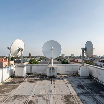 a rooftop with three sector antennas facing different directions