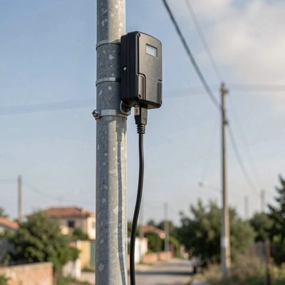 a pole mounted radio with an ethernet cable running down it