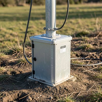 a weatherproof enclosure at the base of an antenna mast